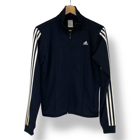 Vintage Adidas Y2K black white striped sleeve warm up jacket women's sz large - Picture 1 of 10